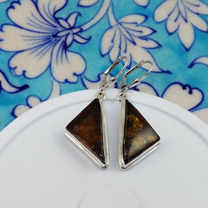 Amber Gemstone Earrings, Amber 925 Silver Earrings, Lever back Earrings, Amber Jewellery, Plain Setting Earrings, Dangle Earring,JPX71204