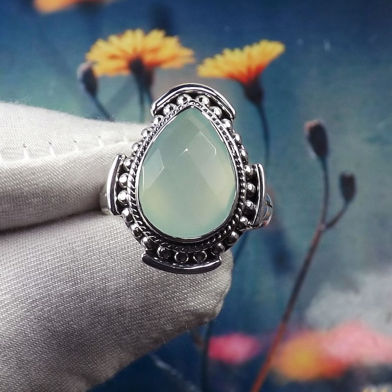 Silver Ring Gift For Her Genuine Aqua Chalcedony Ring Size 8US Gift Idea Gift For Chalcedony Ring JPY0211 Dainty Ring
