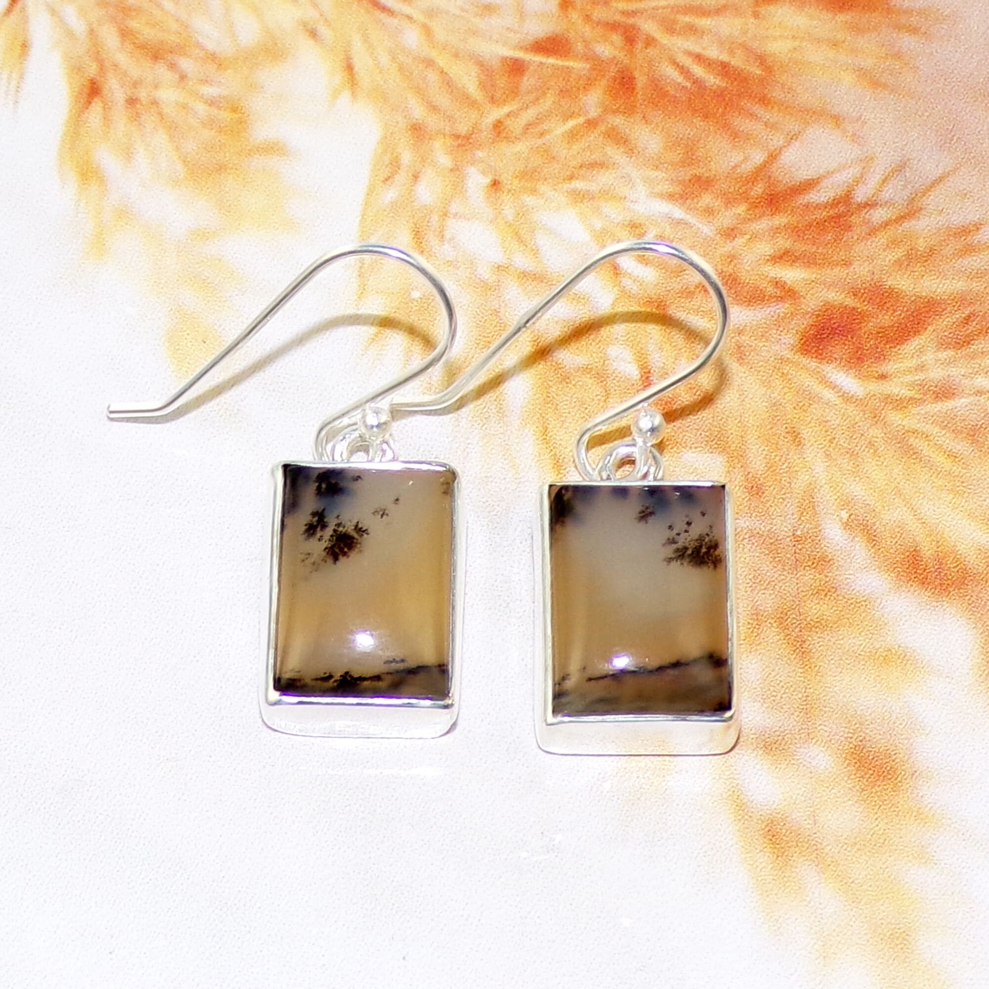 Boucles D'Oreilles Pendantes Agate Dendritique Véritable & Argent 925 Sterling - Dormeuses - Neuf Avec Étiquettes