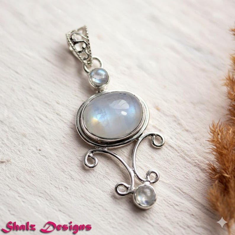 Hanger blauw vuur regenboog maansteen: 925 sterlingzilveren designer sieraden afbeelding 2