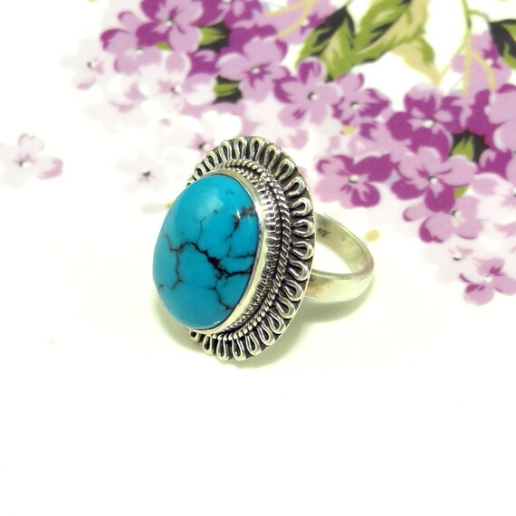 Bague Réglable En Argent Massif 925 Avec Turquoise D'Arizona Ronde 21mm - 28 Carats (Neuf)