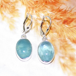 Oval Aquamarine Lever Back Earrings: 925 Sterling Silver