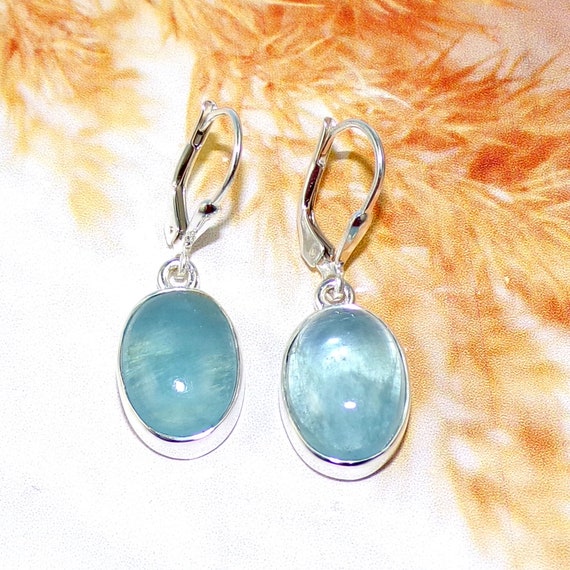 Oval Aquamarine Lever Back Earrings, 925 Sterling Silver