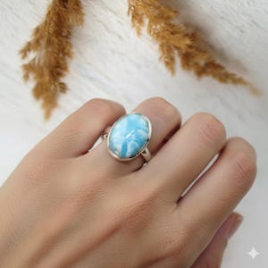 Larimar Ring: Oval Gemstone, Solid 925 Sterling Silver, Size 8.5US