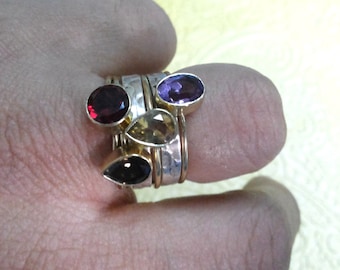 Sterling Silver Stacking Rings: Garnet, Citrine, Smokey Quartz, Amethyst
