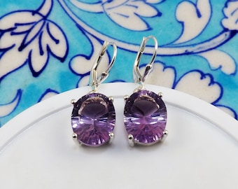 Amethyst Concave Cut Earring, Concave Amethyst Earrings, Solid 925 Silver Earring, Lever back Earring, Mothers Day Gift, Earrings, JPX421