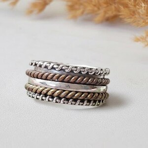 Sterling Silver Spinner Ring, Two Tone Meditation Ring, Size 7.25