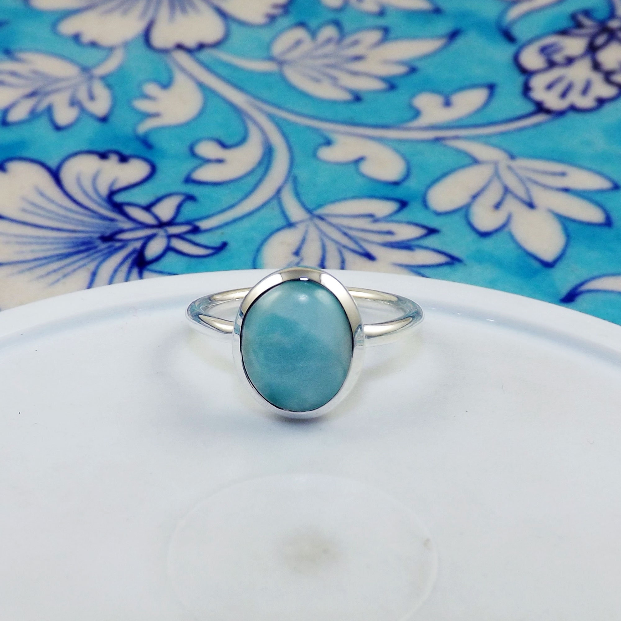 Larimar Statement Ring, Sterling Silver Bezel Set Larimar