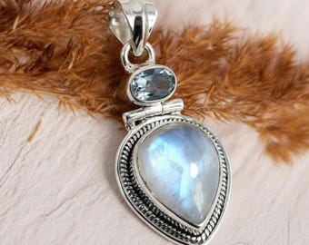 Rainbow Moonstone Pendant: Sterling Silver & Blue Topaz Jewelry