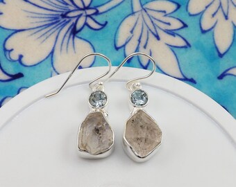 Rough Herkimer Diamond Earrings: Sterling Silver & Blue Topaz