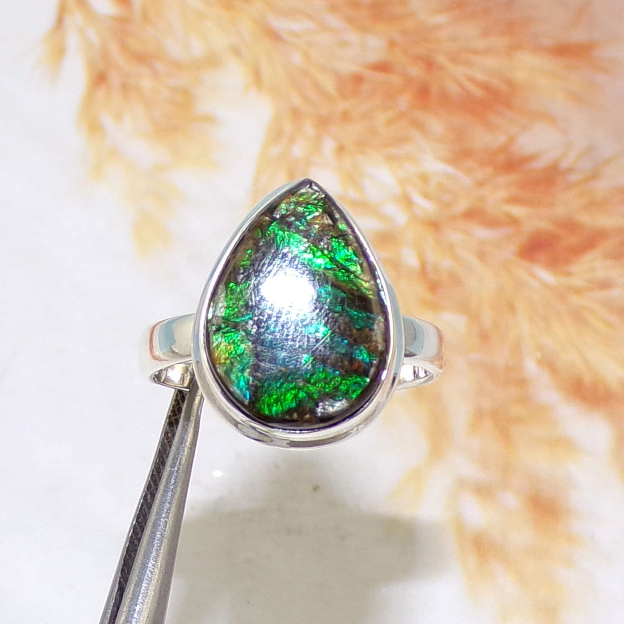 AAA Ammolite Rings, Green Fire Ammolite Rings, Wedding Gift Idea, For Her, 925 Sterling Silver Ring, Thanksgiving Sale, Size 8.5US, W10408
