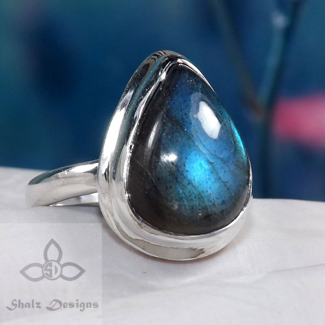 Bague Unique En Argent Sterling 925 Avec Labradorite Bleue - Fait Main - Pierre Naturelle Non Traitée - Taille Ajustable