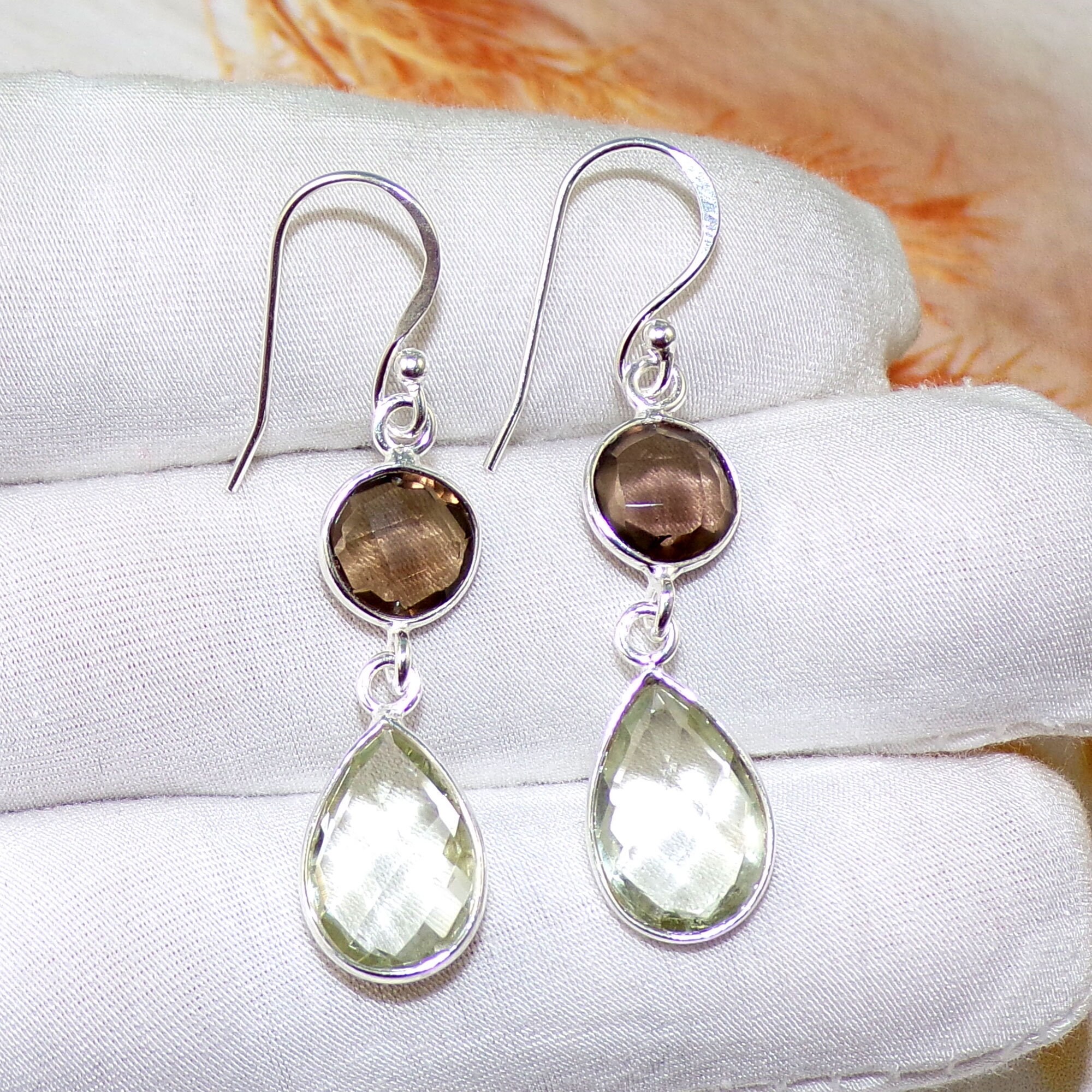 Green Amethyst Smoky Quartz Earrings, Sterling Silver Bezel