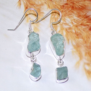Raw Aquamarine Earrings: Solid 925 Sterling Silver, Two Stone Design