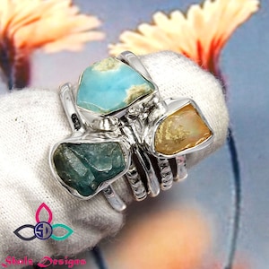 Sterling Silver Stacking Ring Set: Raw Larimar, Opal & Apatite