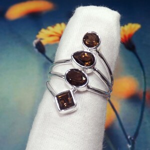 Handmade Smoky Quartz 925 Silver Multi Stone Ring - Size 8US