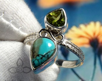 Peridot Ring, Tibet Turquoise Ring, Designer Ring, MUlti Stone Ring, Pure Silver Ring, 925 Silver Ring, Wedding Ring, Vinter Holiday Ring