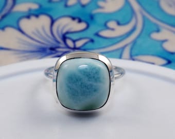 Real Larimar Ring, 10mm Larimar Ring, Solid 925 Silver Ring, Tiny Ring, Larimar Jewellery, Mothers Day Gift, Size 7US, JPX51309