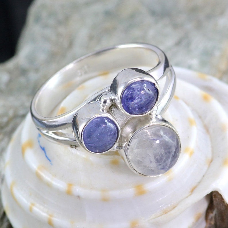 Unique Ring Blue Fire Rainbow Ring Three Stone Ring Rainbow Moonstone Ring 925 Sterling Silver Partywear Ring Tanzanite Gemstone