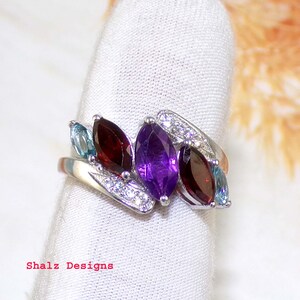 Amethyst Ring, Garnet Ring, Blue Topaz Ring, Multi Stone Ring, 925 Sterling Ring, Engagement Ring, Gift For Anniversary, Ring Size- 7 US