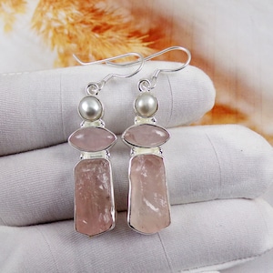 Pearl Earrings, Rose Quartz Earring, Solid 925 Sterling Silver, Rough Rose Quartz Earrings, Handmade Earrings, Christmas Gift, JPX121708