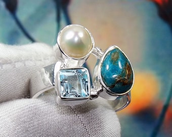 Blue Copper Turquoise Ring, Blue Topaz Ring, Pearl Ring, Anniversary Ring, Birthstone Ring, For Her, Christmas Gift Idea, Size 9US, JPZ1202