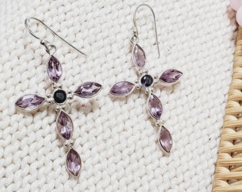 Boucles D'oreilles Argent 925 – Croix Avec Améthyste, Pendantes, Neuves Avec étiquettes