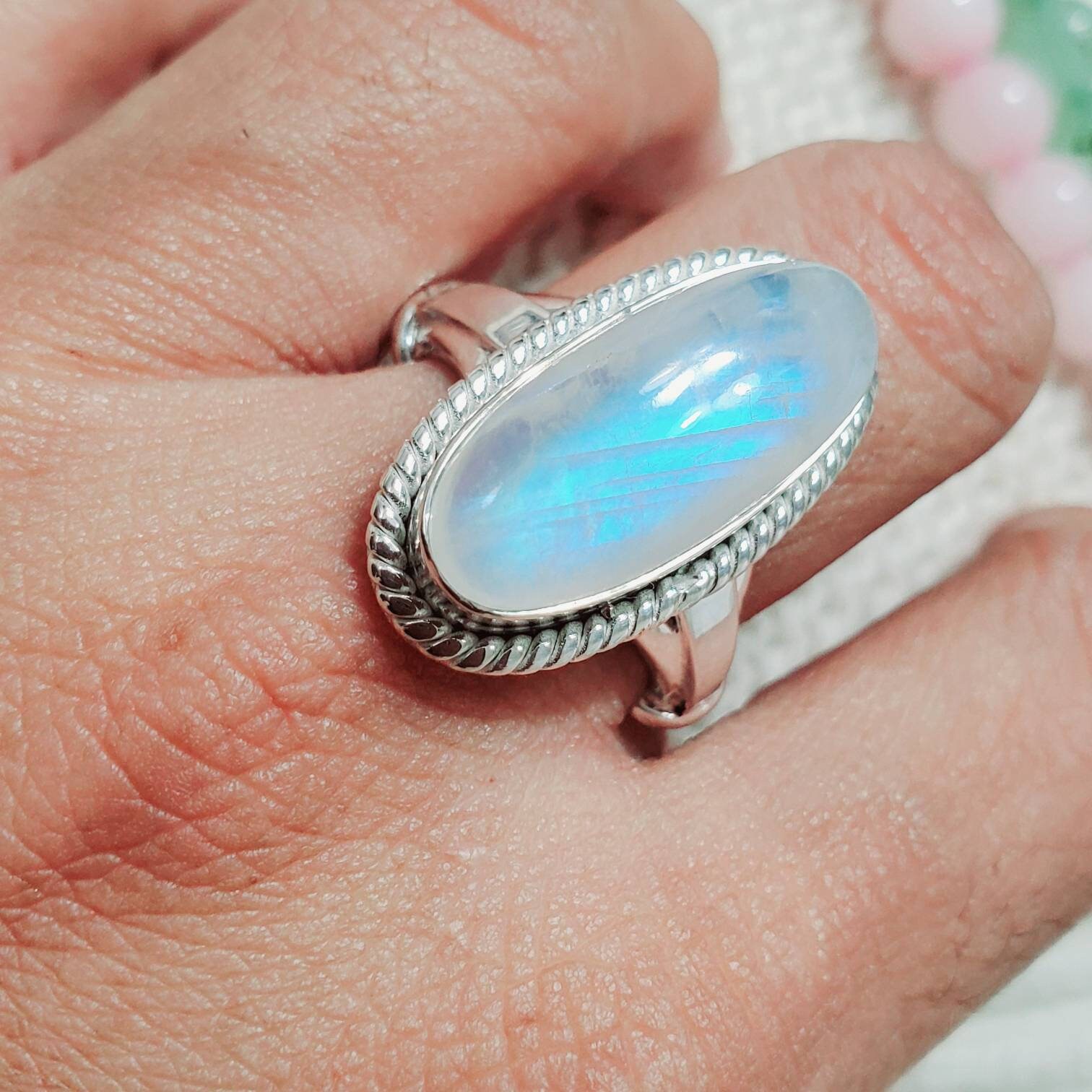 Gorgeous Rainbow Moonstone Ring, Blue Sheen Moonstone Ring