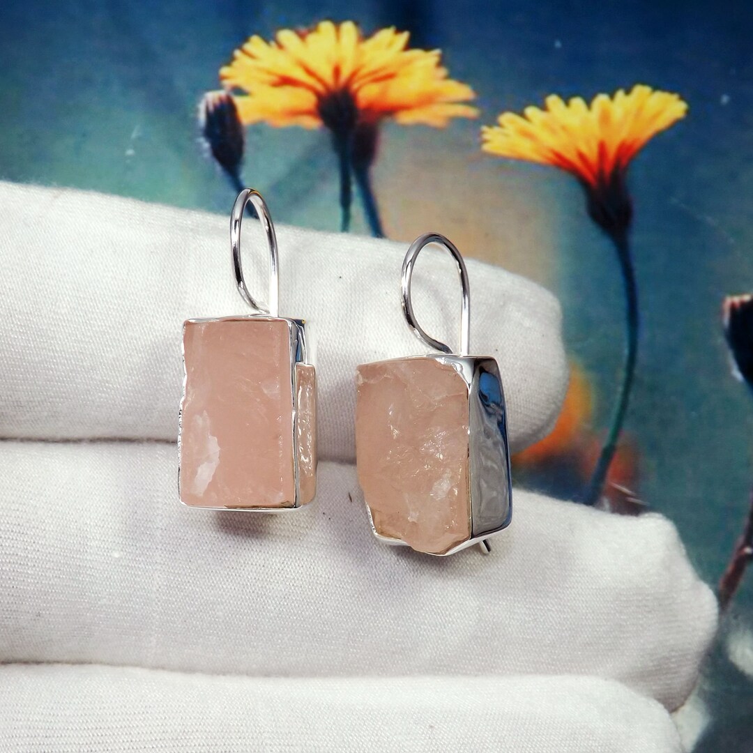 Rough Rose Quartz Earring, Raw Rose Quartz Earring, 925