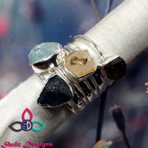 Sterling Silver Stacking Ring Set: Opal, Garnet, Apatite, Fluorite