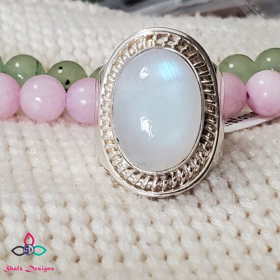 Blue Fire Moonstone Ring, Genuine Moonstone Ring, Silver Ring, Sterling Silver Ring, Designer Ring, For Her, Huge Stone Ring, Size 9US, Z63