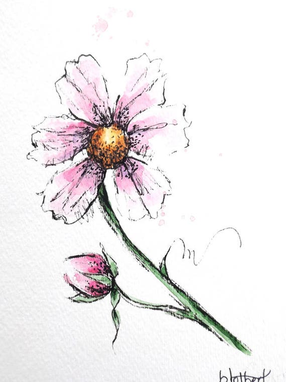 Pink Cosmos Flower Original Watercolor Art Painting Pen