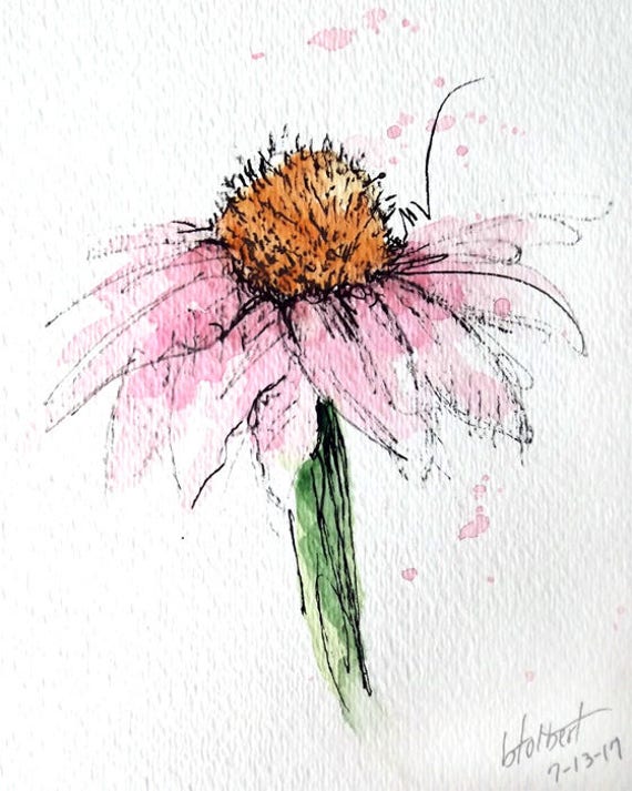 Cone Flower Original Watercolor Art Painting Pen and Ink