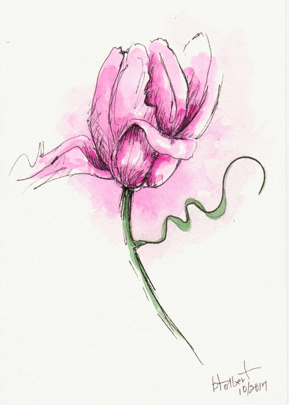 Original Watercolor Tulip Flower Art Painting Pink Pen and