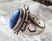 NAVAJO - Freddy Charley - Vintage, Sterling Silver - Lapis Lazuli, 925 - Native American Ring. Size 8 - Buffalo Diamond Detail