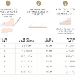 May include: A white chart with instructions for measuring baby feet for shoe size. The chart includes steps, illustrations, and a table with shoe size, ideal foot length in centimeters, shoe length in centimeters, and approximate age.