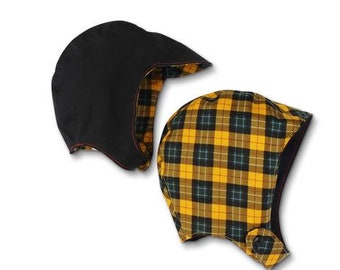 Jamie baby and toddler Aviator Style Hat,  Reversible, Black with mustard plaid on reverse,  Cotton, Handmade in Australia