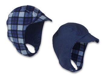 Henry baby and toddler Aviator Style Hat,  Reversible, Blue Check with solid navy on reverse,  Handmade in Australia