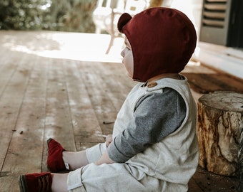 Merlin baby and toddler Aviator Style Hat,  Reversible, Burgundy Linen with Burgundy/Cream check Cotton, Handmade in Australia