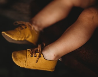 Mustard first walker sneakers. Soft sole baby shoes. Toddler lace ups.  Washable cotton canvas with a non slip textured sole. Vegan friendly