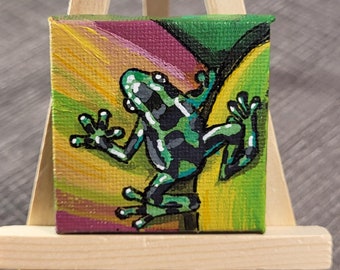 Green Poison Dart Frog Colourful Art Mixed Media Miniature Acrylic Animal Paintings 2x2 inches  Original Mini Canvas Painting