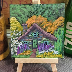 Pintura de cabaña en miniatura: paisaje de campo de flores, lienzo acrílico original de 4x4
