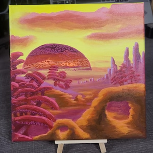 Original Alien Planet Acrylic Painting: Strange World Landscape Art, 8x8