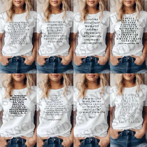 Puede incluir: Un conjunto de diez camisetas blancas con texto negro impreso en la parte delantera. Cada camiseta presenta un crucigrama o una búsqueda de palabras diferente. El texto en las camisetas incluye palabras como "you're on your own, kid", "champagne problems", "agosto" y "smfslas "u"".