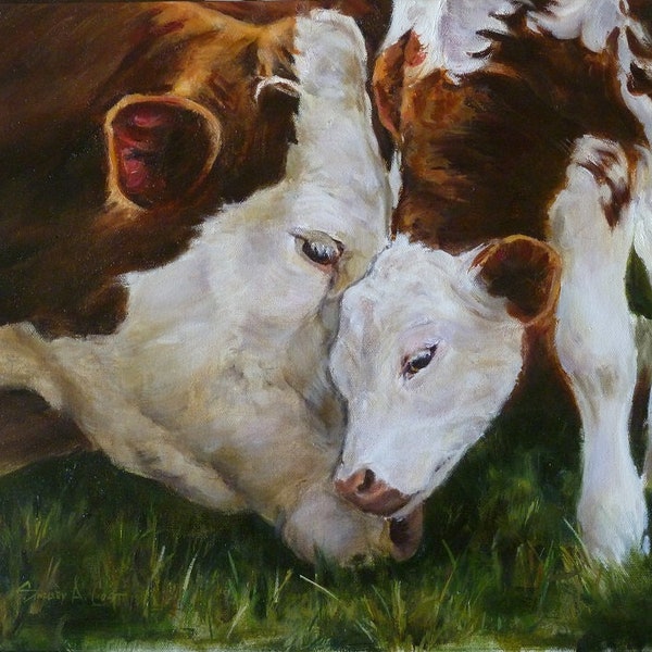 Blessed Afternoon, Herefords, Cow and calf, oil painting, farm animals, farm painting