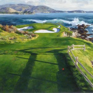 May include: A painting of a golf course overlooking the ocean. The green grass of the course is in the foreground, with a white sand bunker in the middle of the green. The ocean is in the background, with waves crashing against the rocky shore. The sky is a light blue with white clouds.