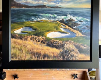 Pebble Beach Golf Art Print, 7th Hole, Coastal Oil Painting Giclee