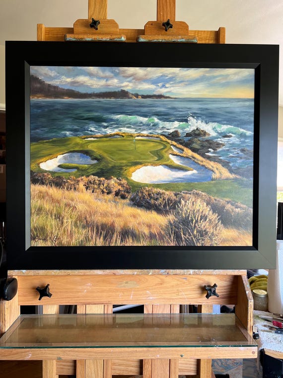 Pebble Beach Golf Art Print, 7th Hole, Coastal Oil Painting Giclee