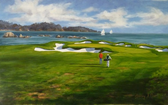 Pebble Beach Golf Links, 17th Hole Oil Painting, California Golf