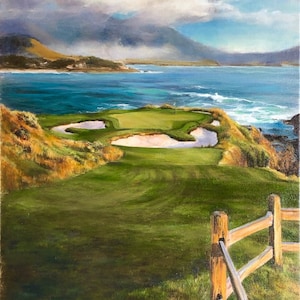 Midsummer Dream, the 7th hole at Pebble Beach Golf Links, original oil, vertical oil painting of the three par